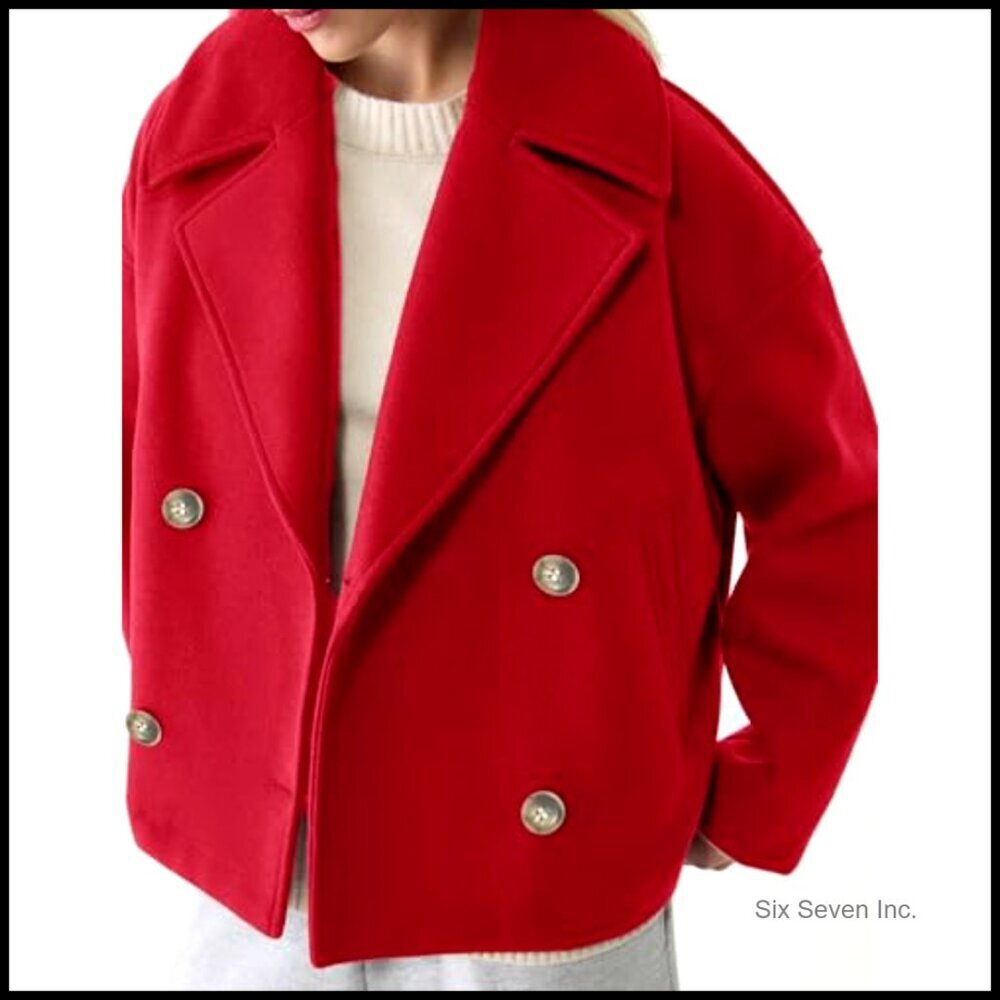 Cropped Pea Coat Notched Lapel Trench Overcoat Casual Double Breasted Jacket - Picture 3 of 4
